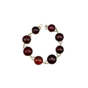 Wire Wrapped Genuine Amber Bracelet with Gold Tone Wire & Clasp Round Stones